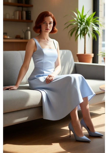 Kadın Skater Kalıp Midi Boy Saten Dokuma Kare Yaka Kokteyl Şık Mezuniyet Elbisesi Kalın Askılı fiyatları