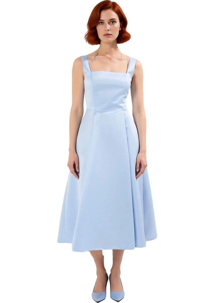 Kadın Skater Kalıp Midi Boy Saten Dokuma Kare Yaka Kokteyl Şık Mezuniyet Elbisesi Kalın Askılı modelleri