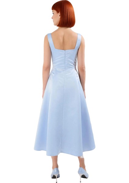 Kadın Skater Kalıp Midi Boy Saten Dokuma Kare Yaka Kokteyl Şık Mezuniyet Elbisesi Kalın Askılı fırsatları