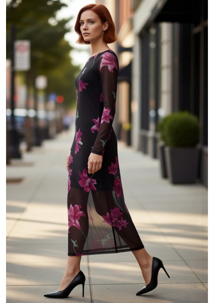 Kadın Vücuda Oturan Astarlı Tül Midi Elbise Uzun Kollu Bisiklet Yaka Çiçek Desenli Şık ve Rahat