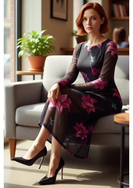 Kadın Vücuda Oturan Astarlı Tül Midi Elbise Uzun Kollu Bisiklet Yaka Çiçek Desenli Şık ve Rahat fiyatları