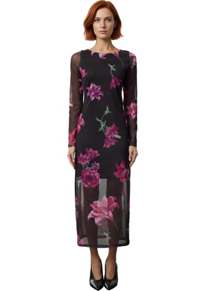 Kadın Vücuda Oturan Astarlı Tül Midi Elbise Uzun Kollu Bisiklet Yaka Çiçek Desenli Şık ve Rahat modelleri