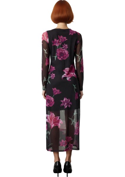 Kadın Vücuda Oturan Astarlı Tül Midi Elbise Uzun Kollu Bisiklet Yaka Çiçek Desenli Şık ve Rahat fırsatları