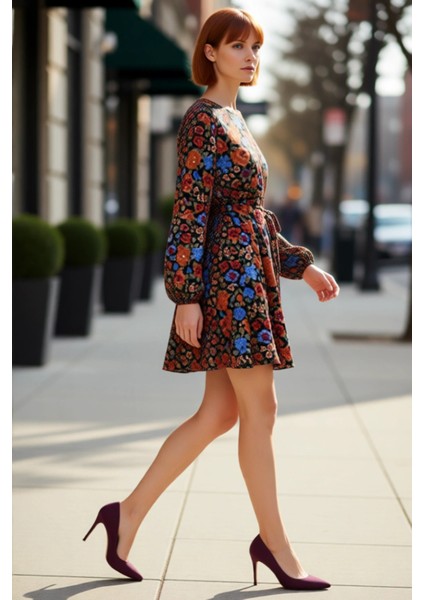 Kadınlar Için Çiçekli Desenli Balon Kol Bisiklet Yaka Kuşaklı Mini Viskoz Dokuma Elbise Şık ve Rahat