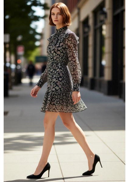 Kadın A Line Balon Kol Dik Yaka Fırfır Detaylı Kemerli Geometrik Desen Astarlı Mini Elbise