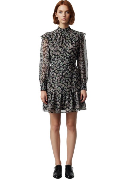 Kadın A Line Balon Kol Dik Yaka Fırfır Detaylı Kemerli Geometrik Desen Astarlı Mini Elbise modelleri