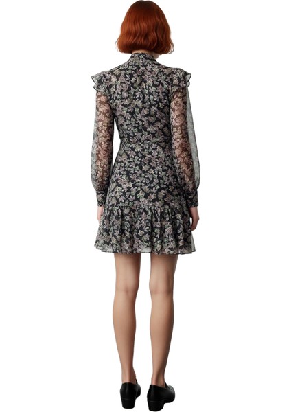 Kadın A Line Balon Kol Dik Yaka Fırfır Detaylı Kemerli Geometrik Desen Astarlı Mini Elbise fırsatları