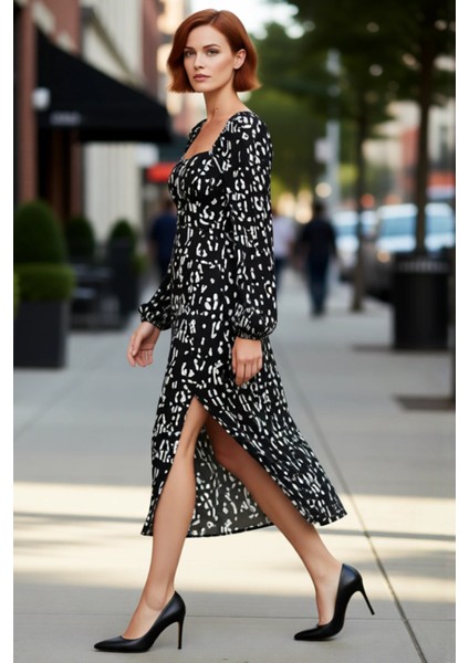 Kadın Soyut Desenli A Kesim Midi Boy Kalp Yaka Balon Kol Detaylı Uzun Kollu Yırtmaçlı Elbise