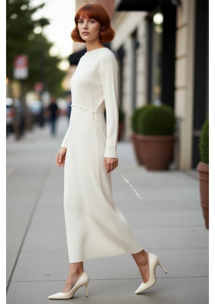 Kadınlara Özel Şık Inci Detaylı Kuşaklı Maxi Boy Triko Elbise Kışlık Ribana Dokulu Akrilik