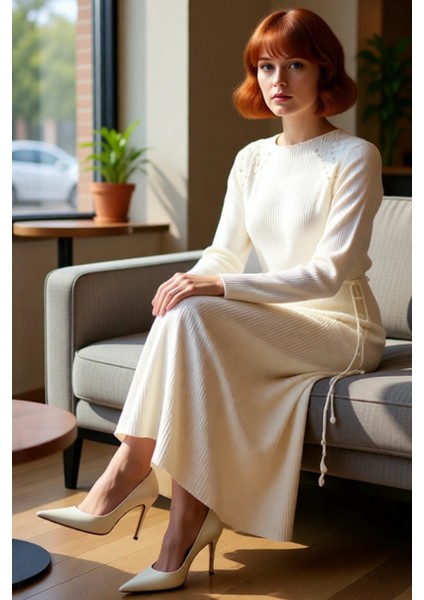 Kadınlara Özel Şık Inci Detaylı Kuşaklı Maxi Boy Triko Elbise Kışlık Ribana Dokulu Akrilik fiyatları