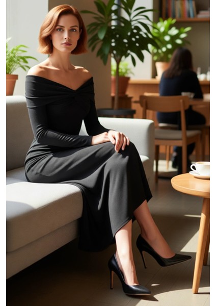 Kadın Şık Siyah Carmen Yaka Düşük Kollu Uzun Maxi Örme Elbise A Line Kalıp Drape Detaylı Kaliteli fiyatları