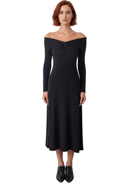 Kadın Şık Siyah Carmen Yaka Düşük Kollu Uzun Maxi Örme Elbise A Line Kalıp Drape Detaylı Kaliteli modelleri