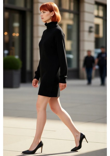 Kadın Balıkçı Yaka Shift Kalıp Akrilik Triko Kazak Elbise Uzun Kollu Kışlık Rahat Şık Tasarım