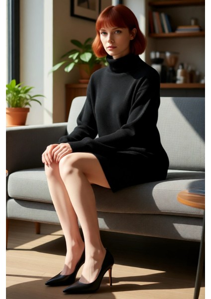 Kadın Balıkçı Yaka Shift Kalıp Akrilik Triko Kazak Elbise Uzun Kollu Kışlık Rahat Şık Tasarım fiyatları