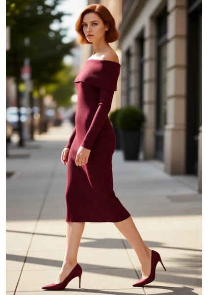 Kadın Carmen Yaka Uzun Kollu Midi Boy Düz Shift Kalıp Triko Elbise Ilkbahar Sonbahar Şıklığı