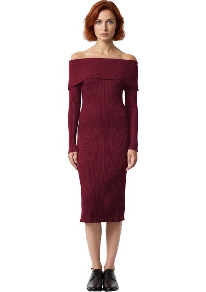 Kadın Carmen Yaka Uzun Kollu Midi Boy Düz Shift Kalıp Triko Elbise Ilkbahar Sonbahar Şıklığı modelleri