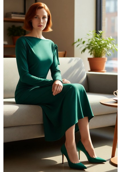 Kadınlar Için Şık Düşük Kol Uzun Boy Midi A Kesim Örme Sandy Kumaş Bağlama Detaylı Asimetrik Yaka fiyatları