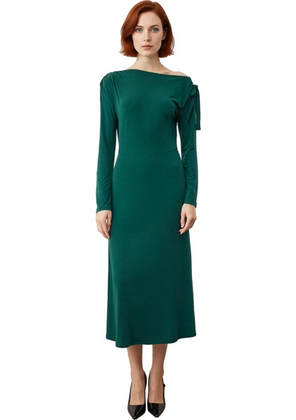 Kadınlar Için Şık Düşük Kol Uzun Boy Midi A Kesim Örme Sandy Kumaş Bağlama Detaylı Asimetrik Yaka modelleri