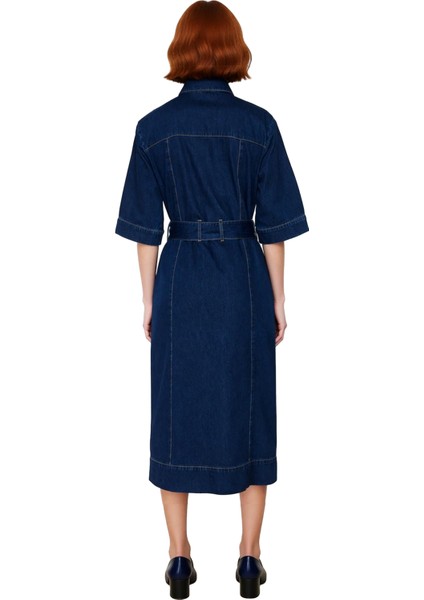Kadınlar Için %100 Pamuk Mavi Denim Kemerli Maxi Elbise Gömlek Yaka Kısa Kollu Şık ve Konforlu fırsatları