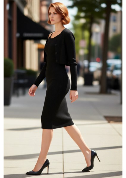 Kadın Bodycon Düz Triko Midi Elbise Uzun Kollu V Yaka Günlük Şık ve Rahat Kombinler Için Kaliteli