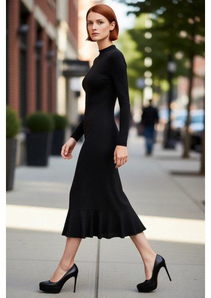 Kadın Siyah Maxi Dik Yaka Uzun Kollu A Line Fırfırlı Etekli Sırt Dekolteli Örme Elbise Kaliteli