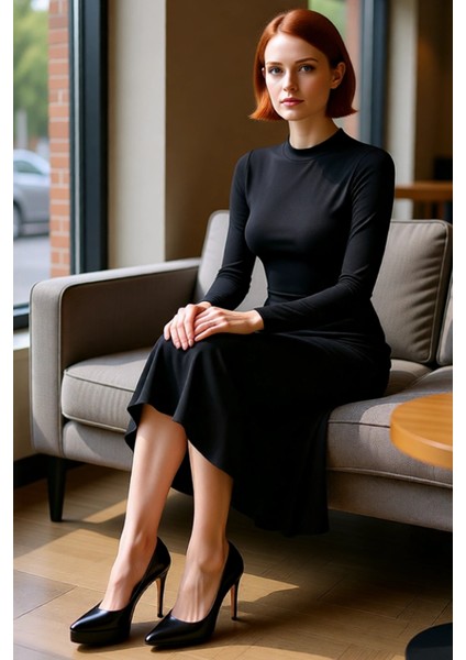 Kadın Siyah Maxi Dik Yaka Uzun Kollu A Line Fırfırlı Etekli Sırt Dekolteli Örme Elbise Kaliteli fiyatları