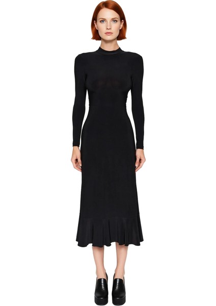 Kadın Siyah Maxi Dik Yaka Uzun Kollu A Line Fırfırlı Etekli Sırt Dekolteli Örme Elbise Kaliteli modelleri