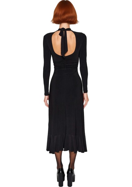 Kadın Siyah Maxi Dik Yaka Uzun Kollu A Line Fırfırlı Etekli Sırt Dekolteli Örme Elbise Kaliteli fırsatları