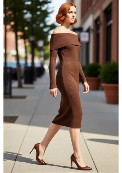 Kadın Carmen Yaka Uzun Kollu Midi Boy Düz Shift Kalıp Triko Elbise Ilkbahar Sonbahar Şıklığı