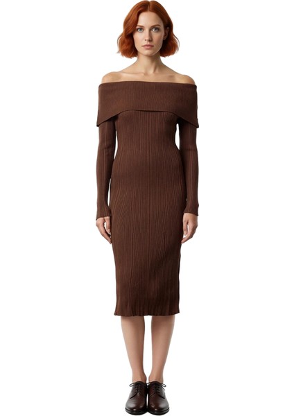 Kadın Carmen Yaka Uzun Kollu Midi Boy Düz Shift Kalıp Triko Elbise Ilkbahar Sonbahar Şıklığı modelleri