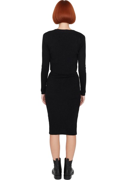 Kadın Bodycon Düz Triko Midi Elbise Uzun Kollu V Yaka Günlük Şık ve Rahat Kombinler Için Kaliteli fırsatları