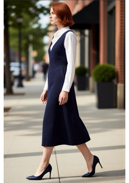 Kadın Jile Kalıp V Yaka Midi Boy Pamuklu Düz Desen Dokuma Elbise Casual Şıklık Sunar Kaliteli fırsatları