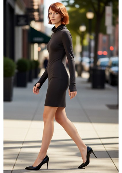 Kadın Balıkçı Yaka Bodycon Uzun Kol Mini Elbise Düz Örme Kışlık Günlük Şıklık Sunar Kaliteli fırsatları