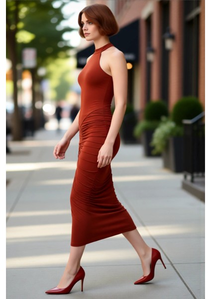 Kadın Bodycon Boyundan Bağlamalı Midi Elbise Şık Düz Kesim Kolsuz Büzgülü Örme Tasarım Zarif