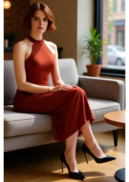 Kadın Bodycon Boyundan Bağlamalı Midi Elbise Şık Düz Kesim Kolsuz Büzgülü Örme Tasarım Zarif fiyatları