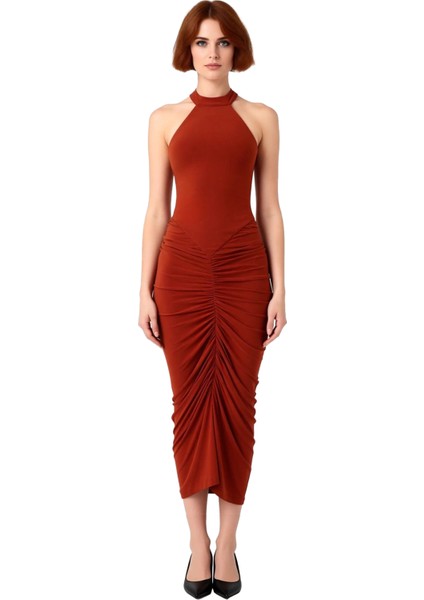 Kadın Bodycon Boyundan Bağlamalı Midi Elbise Şık Düz Kesim Kolsuz Büzgülü Örme Tasarım Zarif modelleri