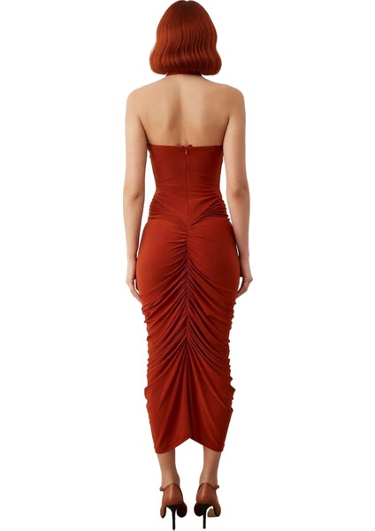 Kadın Bodycon Boyundan Bağlamalı Midi Elbise Şık Düz Kesim Kolsuz Büzgülü Örme Tasarım Zarif fırsatları