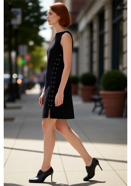 Kadın Şık A Line Kesim Kolsuz Mini Denim Elbise Kuşgözü Detaylı %100 Pamuk Rahat Günlük Kaliteli fırsatları