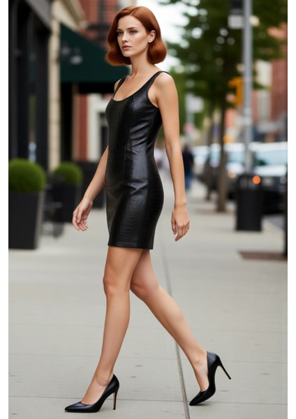 Kadınlara Özel Siyah Suni Deri Kare Yaka Bodycon Kısa Elbise Şık Gece Davetleri Için Mükemmel Bir