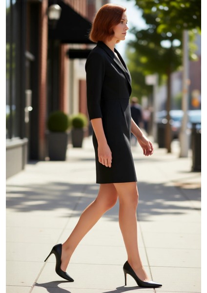 Kadın Siyah Bodycon Ceket Yaka Mini Elbise Dokuma Kumaş Kemer Detaylı Zarif Tasarım Stili Kaliteli