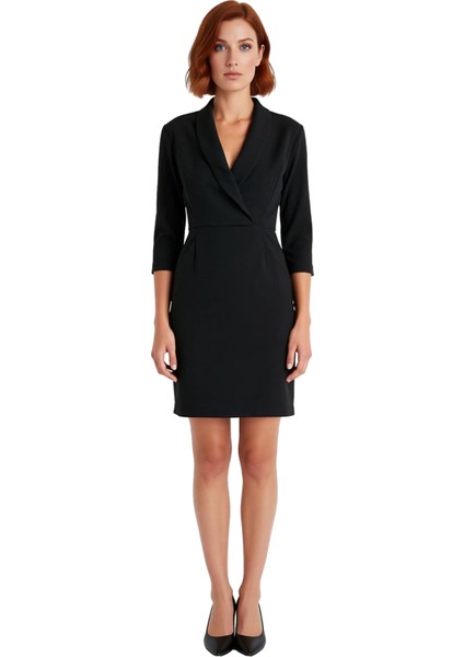 Kadın Siyah Bodycon Ceket Yaka Mini Elbise Dokuma Kumaş Kemer Detaylı Zarif Tasarım Stili Kaliteli modelleri