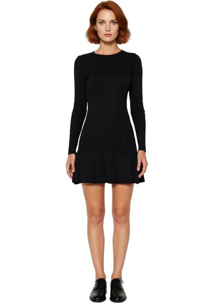 Kadın A Kesim Bordo Triko Mini Elbise Uzun Kollu Bisiklet Yaka Şık Günlük Kış Stili Tasarım modelleri