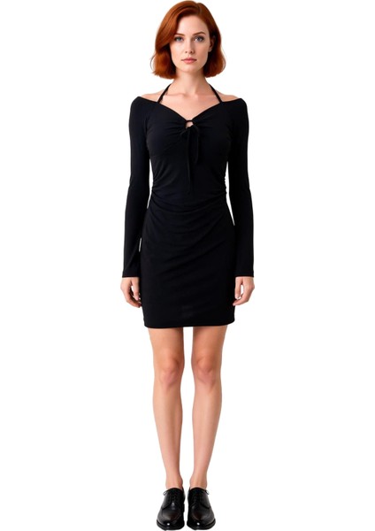 Kadınlara Özel Siyah Örme Bodycon Mini Elbise Uzun Kollu Boyundan Bağlamalı Şık Büzgü Detaylı. fiyatları