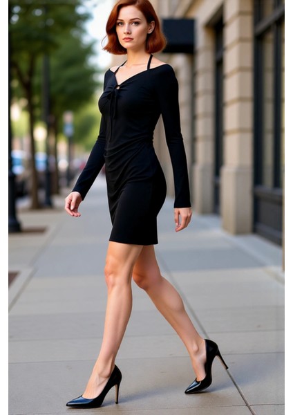 Kadınlara Özel Siyah Örme Bodycon Mini Elbise Uzun Kollu Boyundan Bağlamalı Şık Büzgü Detaylı. fırsatları