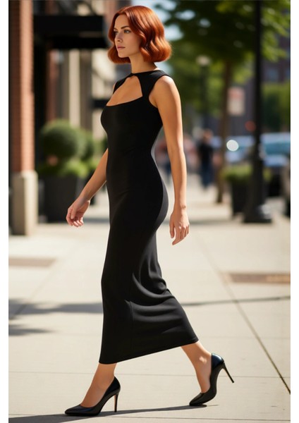 Kadın Bodycon Kesim Kolsuz Maxi Elbise Şık Cut Out Detaylı Örme Sandy Dokulu Tasarım Kaliteli
