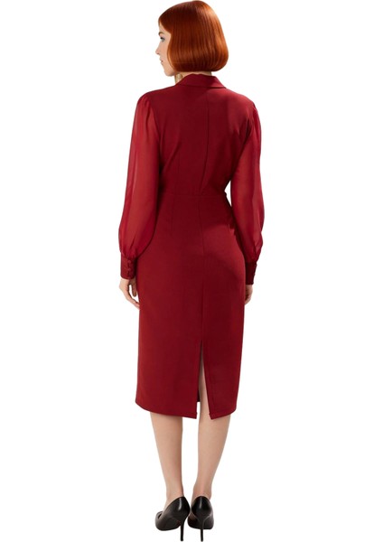 Kadın Bodycon Ceket Yaka Uzun Balon Kol Düğmeli Dokuma Midi Elbise Şık Özel Günler Için Tarzını fırsatları