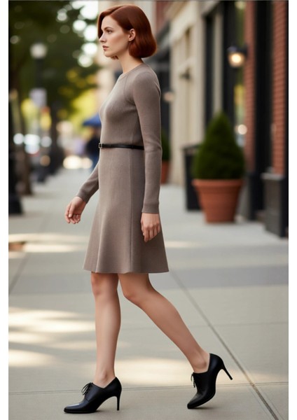 Kadın A Line Fitilli Triko Elbise Mini Boy Kemerli Bisiklet Yaka Uzun Reglan Kol Kışlık Rahat Şıklık