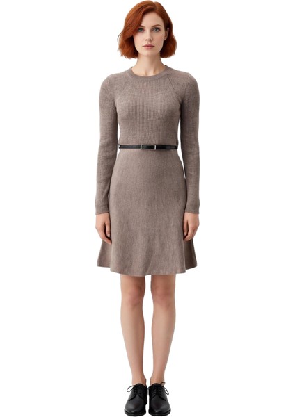 Kadın A Line Fitilli Triko Elbise Mini Boy Kemerli Bisiklet Yaka Uzun Reglan Kol Kışlık Rahat Şıklık modelleri