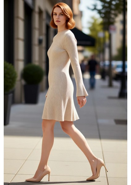 Kadınlar Için Kışlık Gri A Line Kesim Fitilli Triko Mini Elbise Bisiklet Yaka Uzun Kollu Şıklık