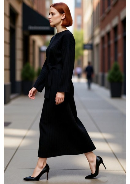 Kadınlar Için Özel Triko Ribana Kuşaklı Maxi Elbise Düz Desenli Uzun Düşük Kollu Kışlık Şıklık